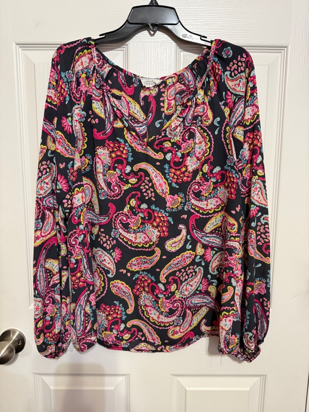 Charcoal gray Paisley Long-Sleeve Blouse with Pink & Yellow Accents